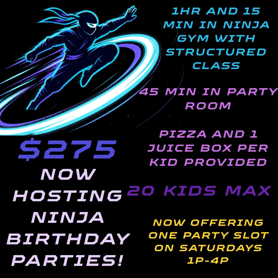 Ninja birthday parties at Galaxy Gymnastics, $275, 20 kids max, Saturdays 1pm to 4pm